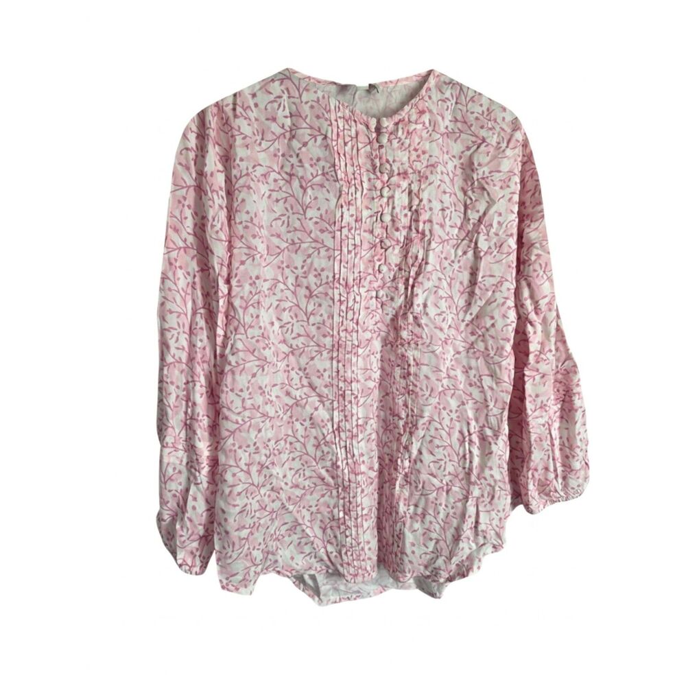 Lucky Brand Pink Floral Vines Pleated Henley Blouse Long Sleeve Size M